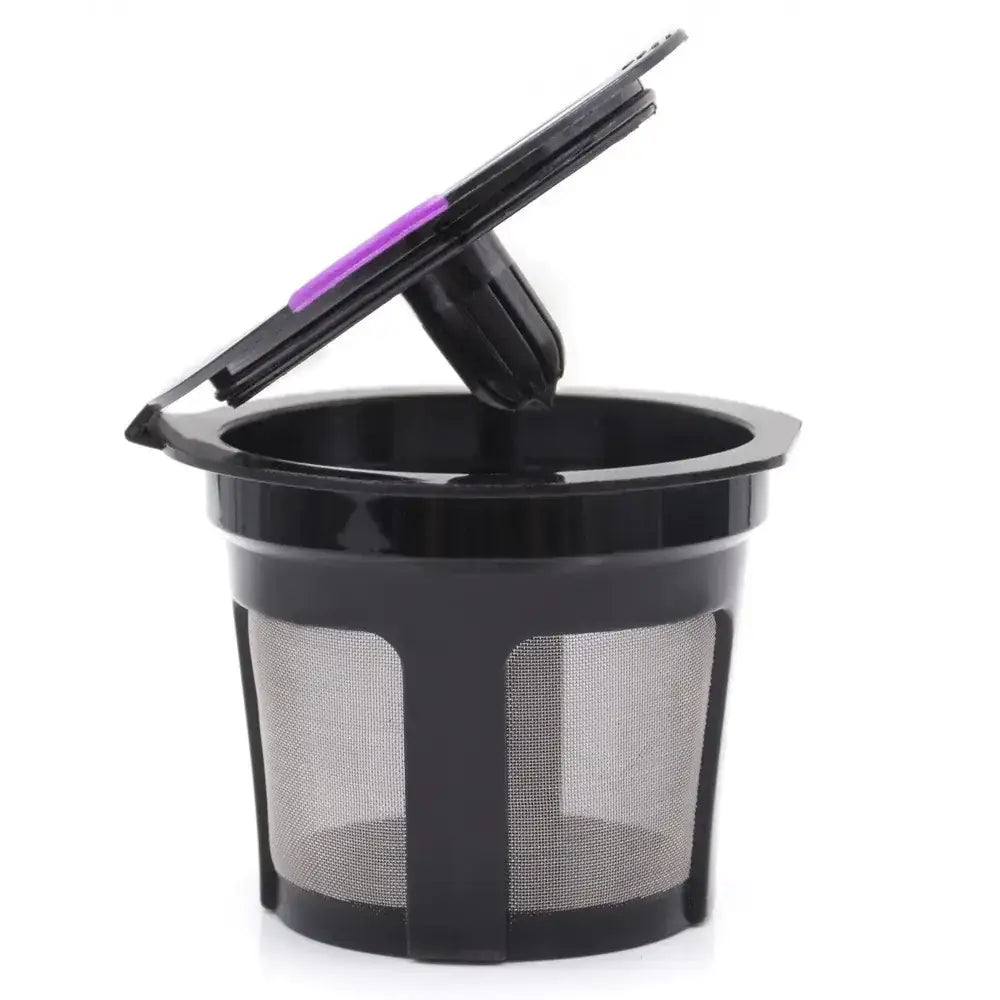 Black plastic k-cup coffee filter with a purple accent on the hinged lid and metal mesh sides.