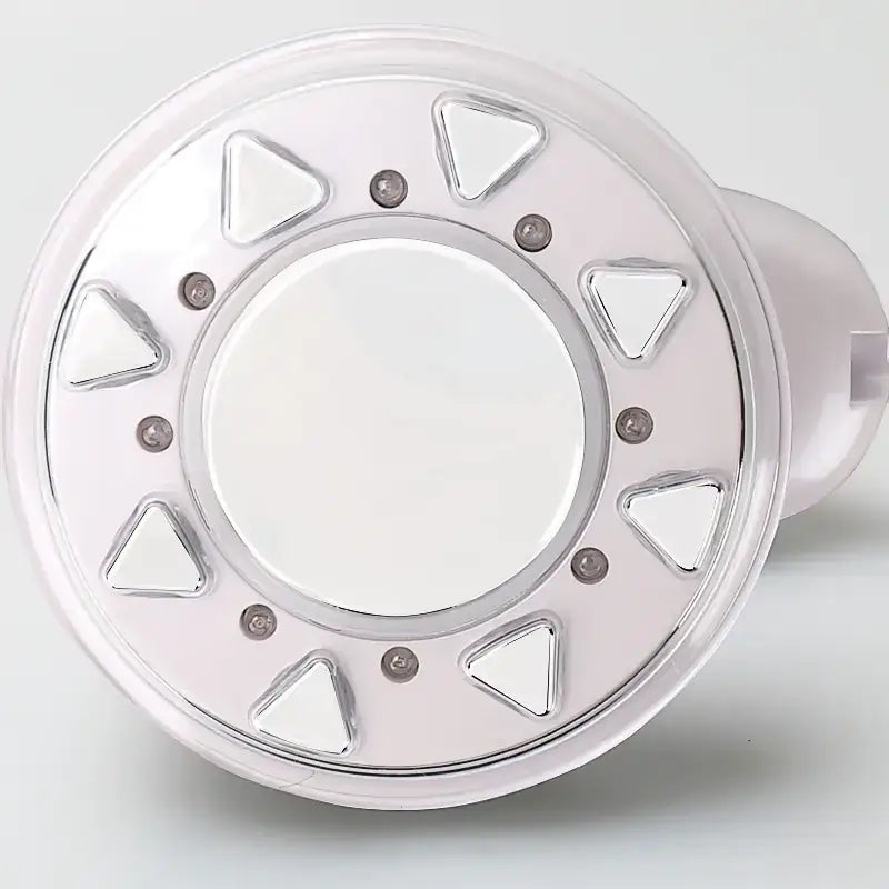Clear plastic led light bulb with a circular design featuring triangular cutouts and small metallic screws around the rim.