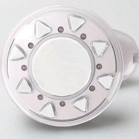 Clear plastic led light bulb with a circular design featuring triangular cutouts and small metallic screws around the rim.