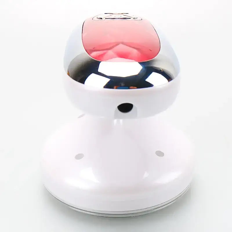 A sleek white and chrome nail dryer with a red translucent top panel.