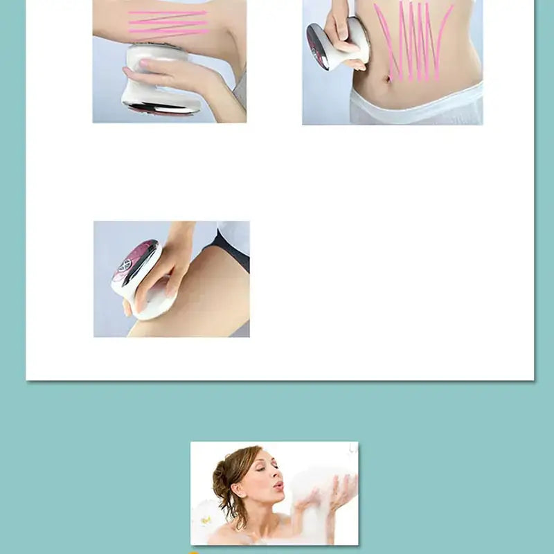 White and silver handheld body sculpting device with a curved, ergonomic design