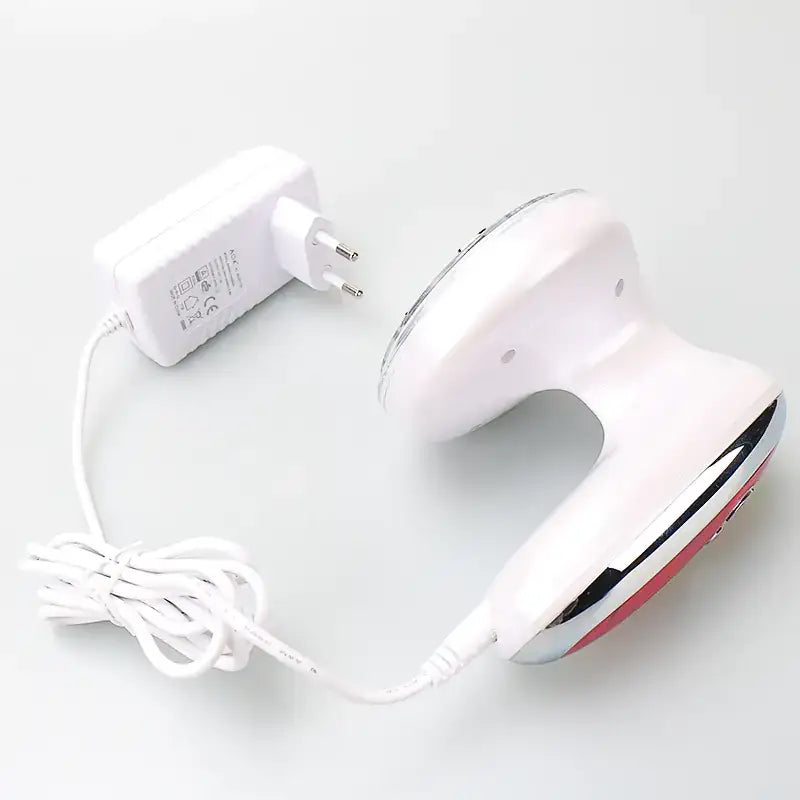 White and red handheld body massager with a chrome accent.