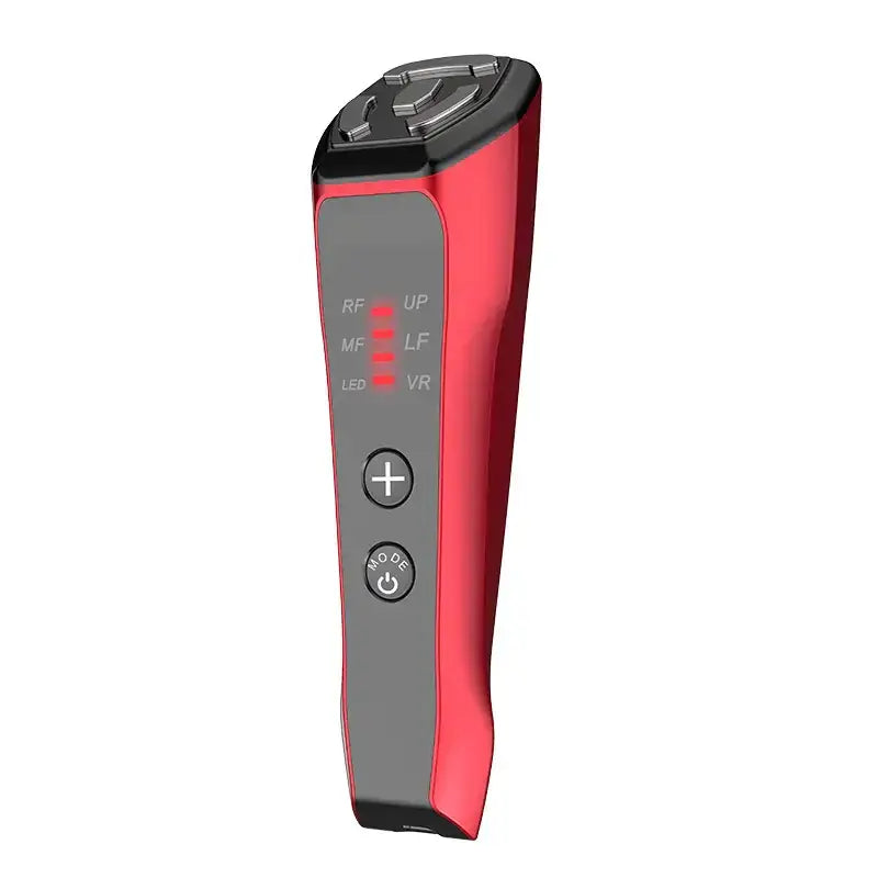 Red and black handheld rf, led, and laser facial treatment device with control buttons and indicator lights.