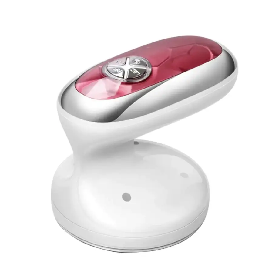 A sleek, ergonomic handheld garment steamer with a glossy white body and a vibrant red translucent top housing the control dial.