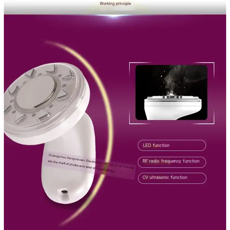 White handheld facial device with a circular head featuring metallic accents and multiple led lights, designed for rf radio frequency and cv ultrasonic treatments.