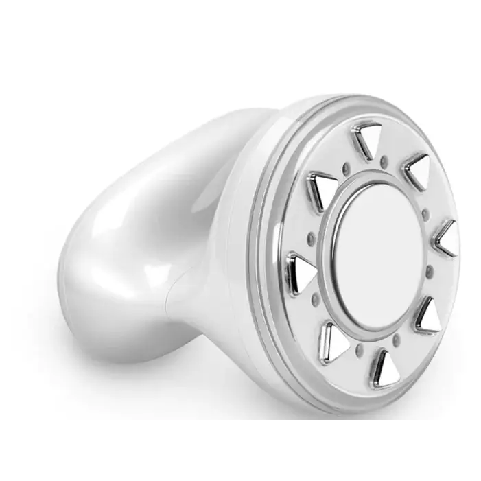 White and silver handheld facial massage device with a circular head featuring triangular metallic protrusions.
