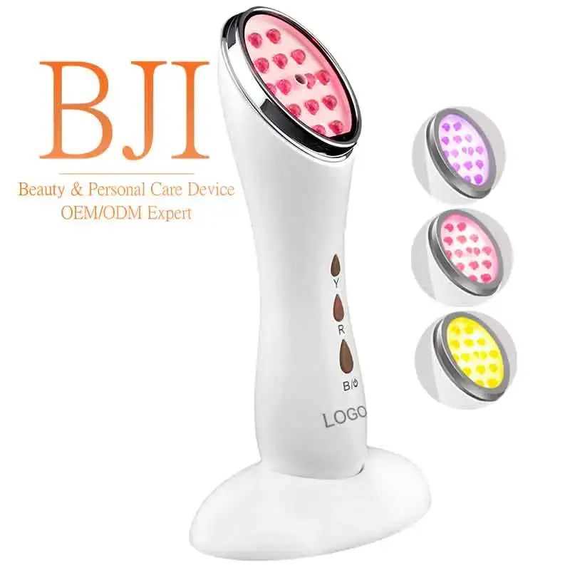 White bji facial beauty device with a sleek, ergonomic design featuring multiple interchangeable led treatment heads in pink, purple, and yellow.