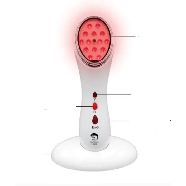 White handheld red light therapy device with a circular head containing multiple glowing red leds and three color-coded control buttons labeled y, r, b/o.