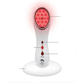 White handheld red light therapy device with a circular head containing multiple glowing red leds and three color-coded control buttons labeled y, r, b/o.