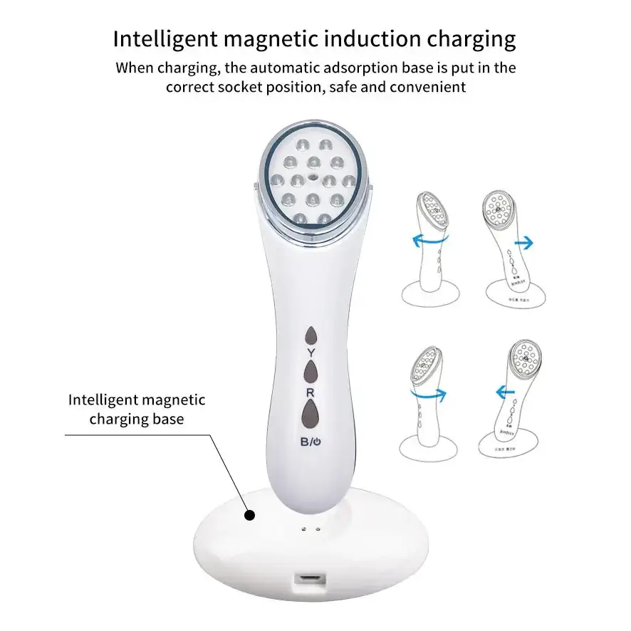 White facial cleansing device with a rounded head featuring multiple led lights and control buttons on the handle.