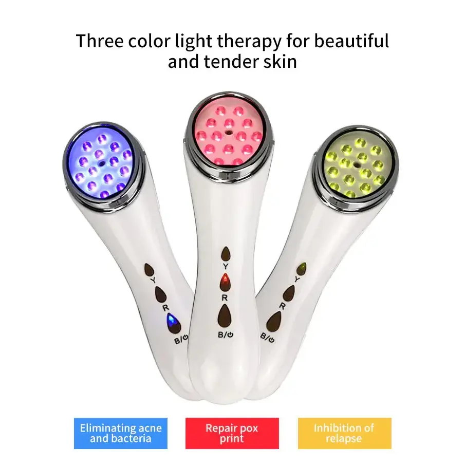 Three color light therapy facial device with white sleek body and led heads in blue, pink, and green.