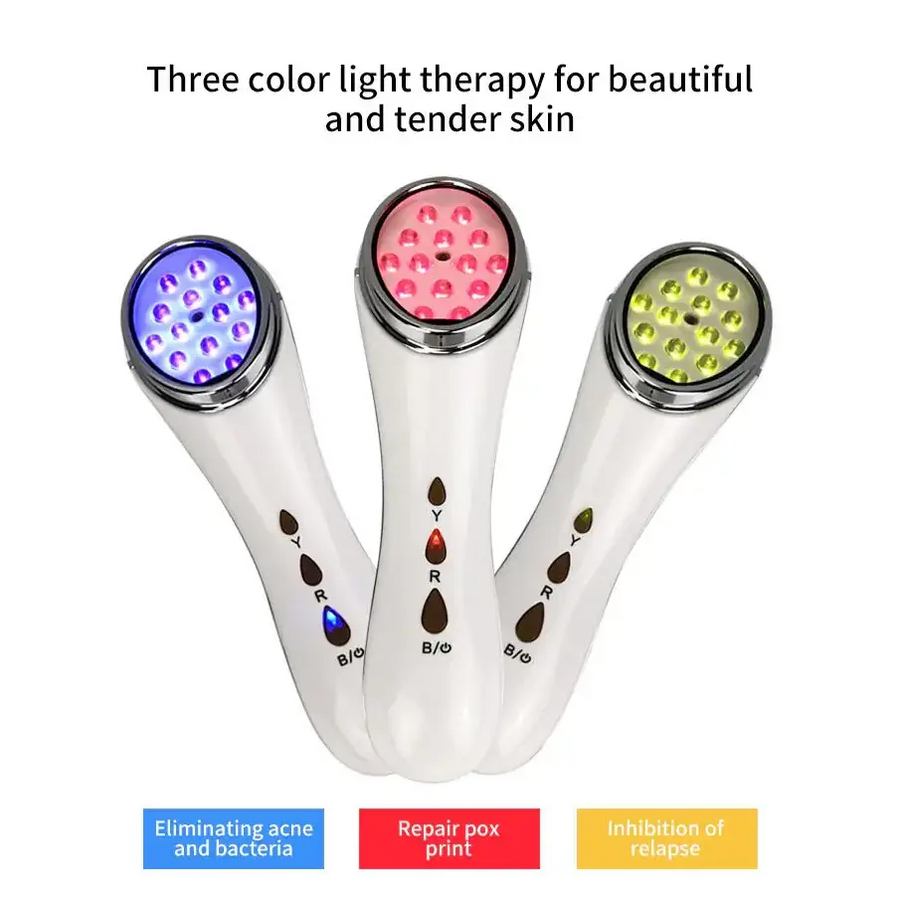 Three color light therapy facial device with white sleek body and led heads in blue, pink, and green.