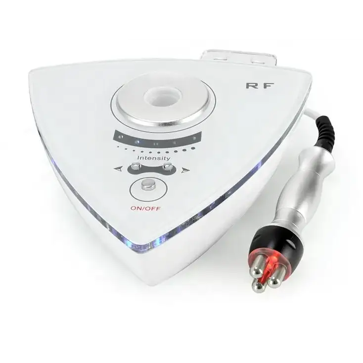 White triangular rf beauty device with silver accents and a black-handled wand featuring red-tipped metallic probes.