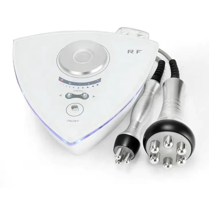 White triangular rf beauty device with silver accents and two metallic handpieces, one featuring a single probe tip and the other with multiple rounded probes.