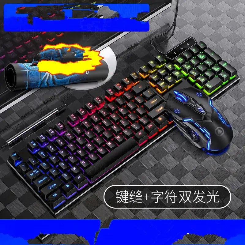 Black gaming keyboard with rgb backlighting and matching black mouse featuring blue led accents.