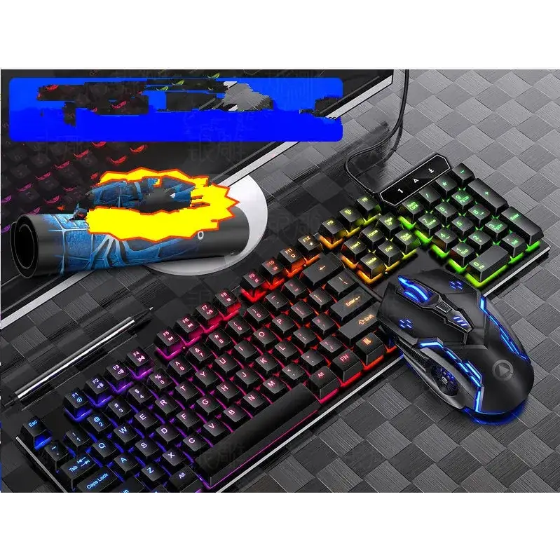 Black gaming keyboard with rgb backlighting and a matching black mouse featuring blue led accents.