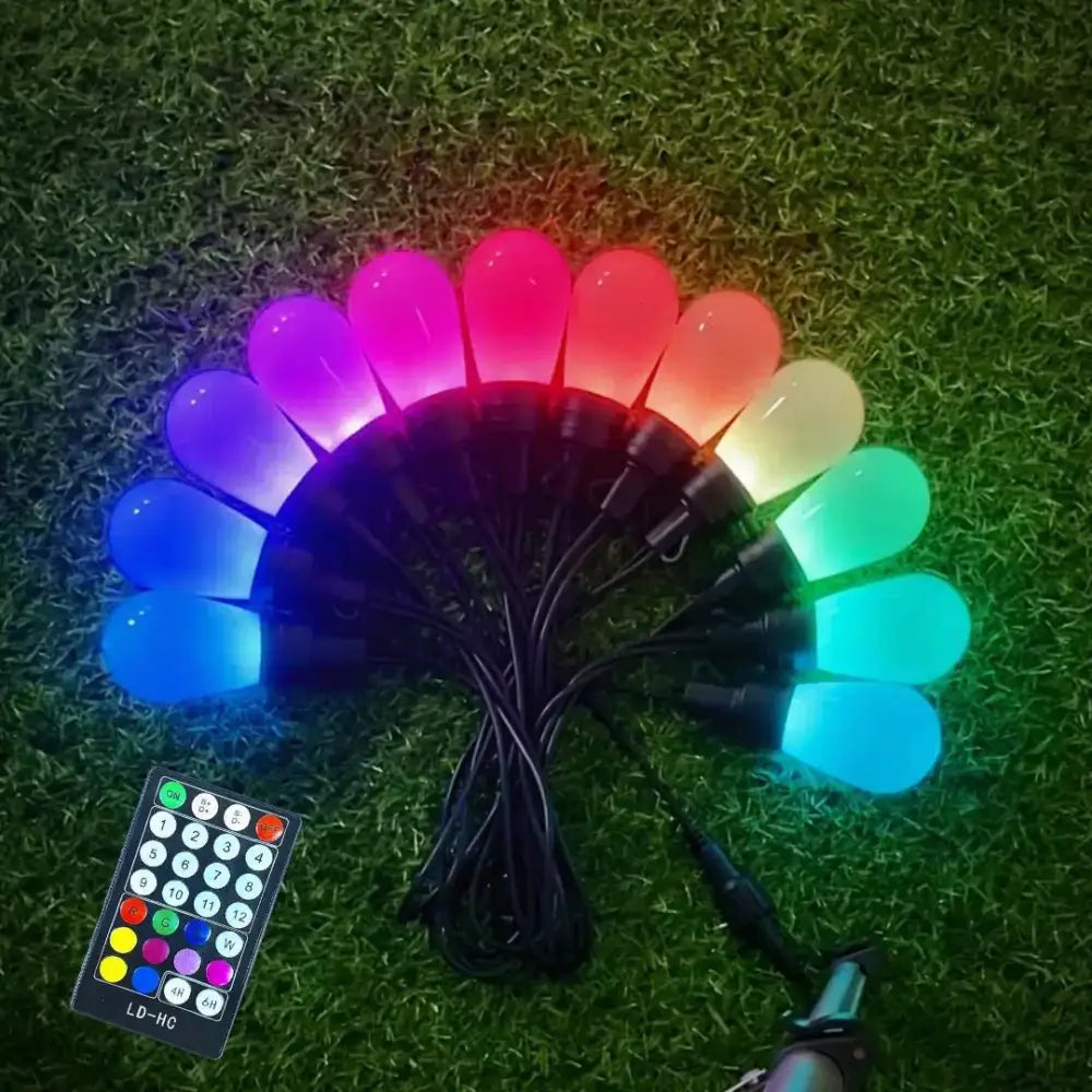 A set of 20 colorful led string lights with a remote control, featuring bulb-shaped bulbs in rainbow hues and black wiring.
