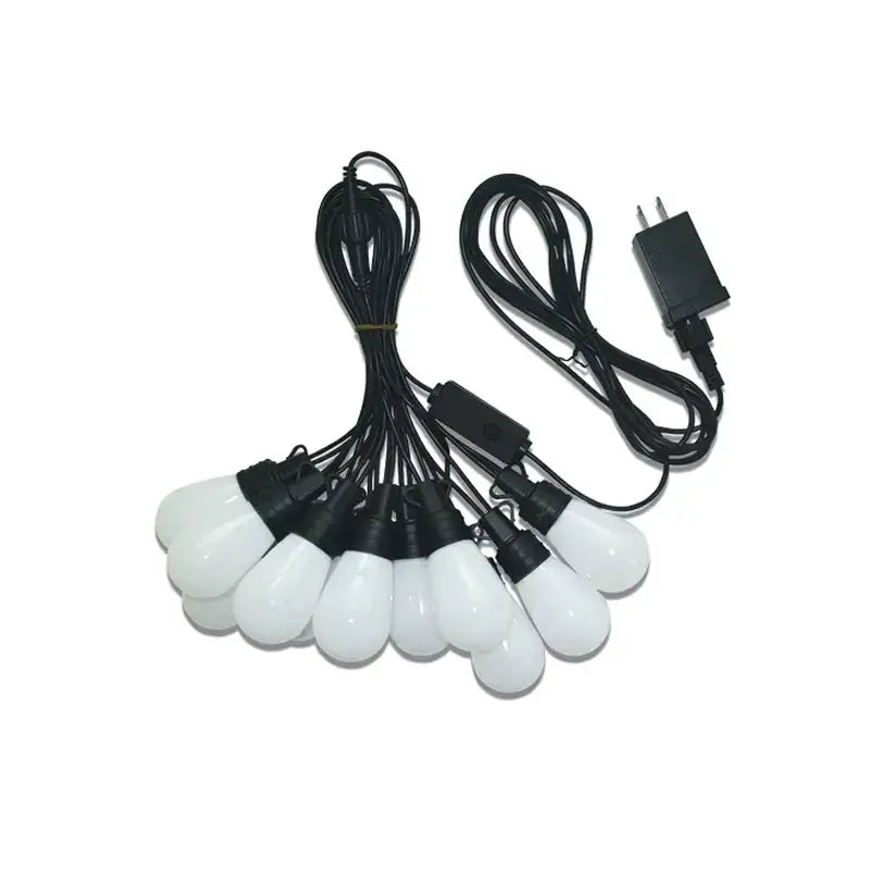 White frosted globe-shaped led string lights with black wiring and a power adapter.