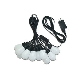 White frosted globe-shaped led string lights with black wiring and a power adapter.