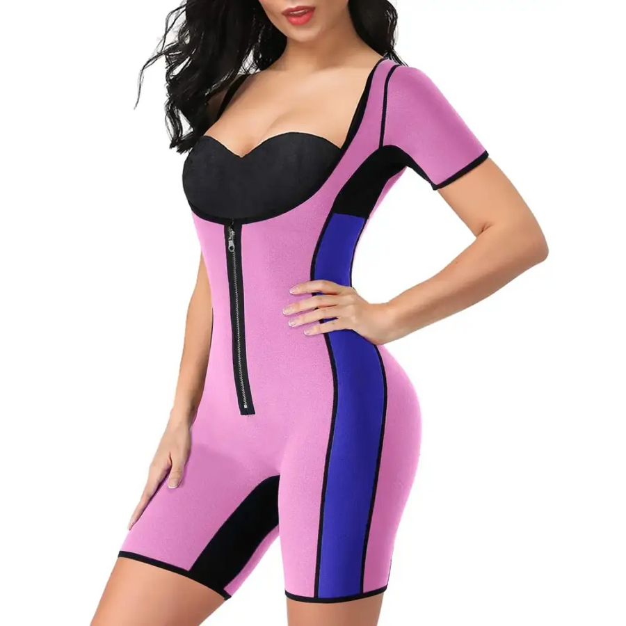 Pink and blue neoprene body shaper with black accents, featuring a front zipper and short sleeves.
