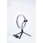Black tripod-mounted ring light with a sleek, circular design and integrated phone holder.