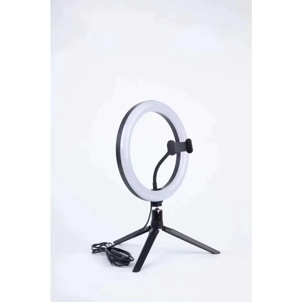 Black tripod-mounted ring light with a sleek, circular design and integrated phone holder.