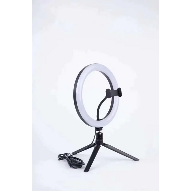Black tripod-mounted ring light with a sleek, circular design and integrated phone holder.