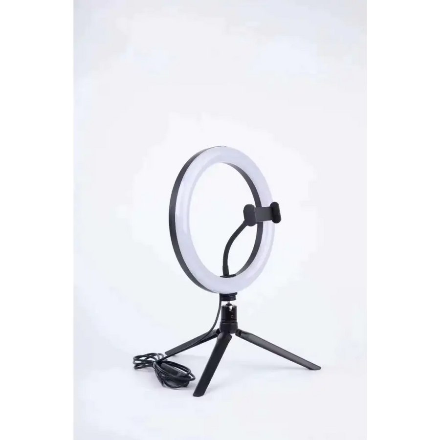 Black tripod-mounted ring light with a sleek, circular design and integrated phone holder.