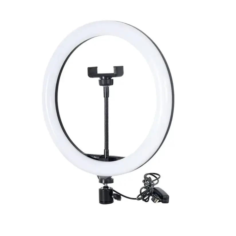 White led ring light with black adjustable phone mount and power adapter.