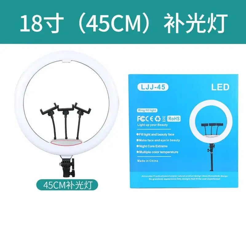White 18-inch led ring light with three black phone mounts and a mounting bracket.