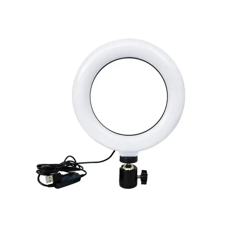 White circular ring light with black usb cable and adjustable stand.