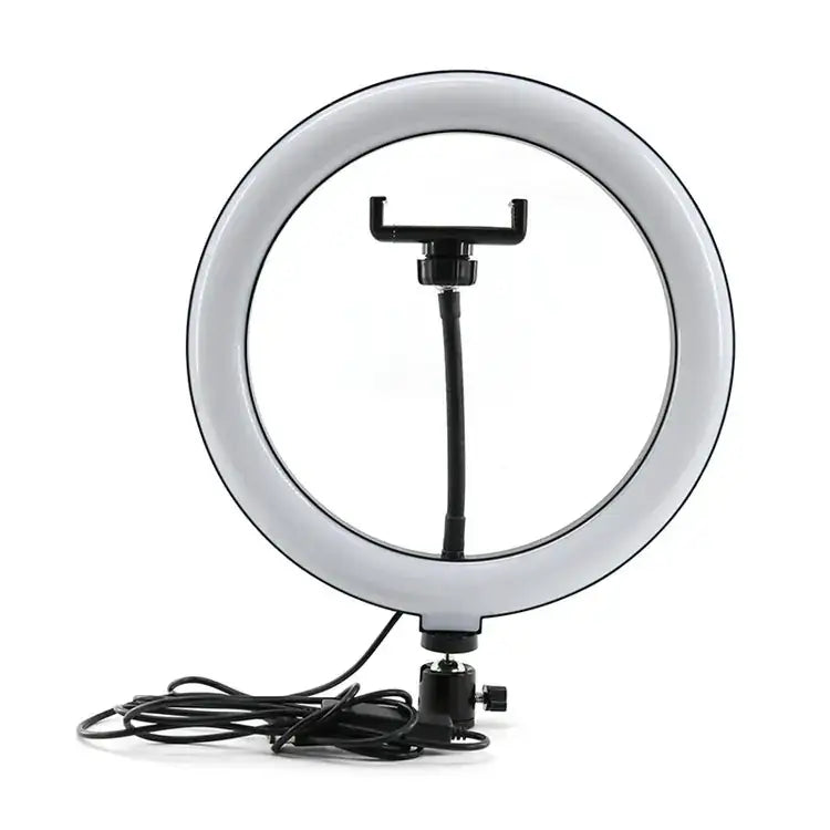 White led ring light with black smartphone mount and tripod base.