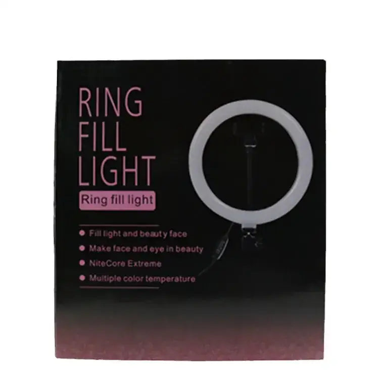 White ring-shaped fill light with a sleek, modern design and adjustable clip for easy attachment.
