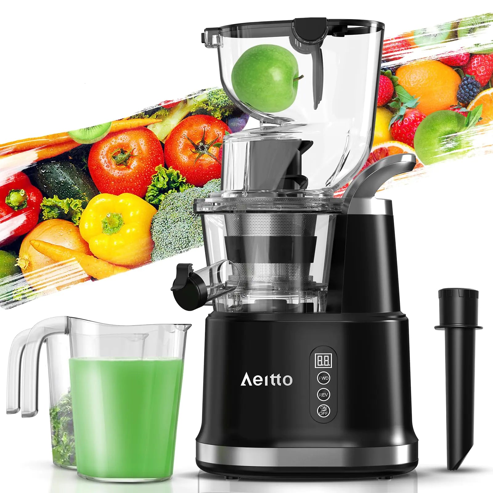 Aeitto Cold Press Juicer Juicer Machines with 3.3" Large Feed ChuteLarge CapacityHigh Juice YieldSlow Masticating Juicer for Fruits and Vegetables Self Feeding for Juice ExtractorBPA-FreeBlack