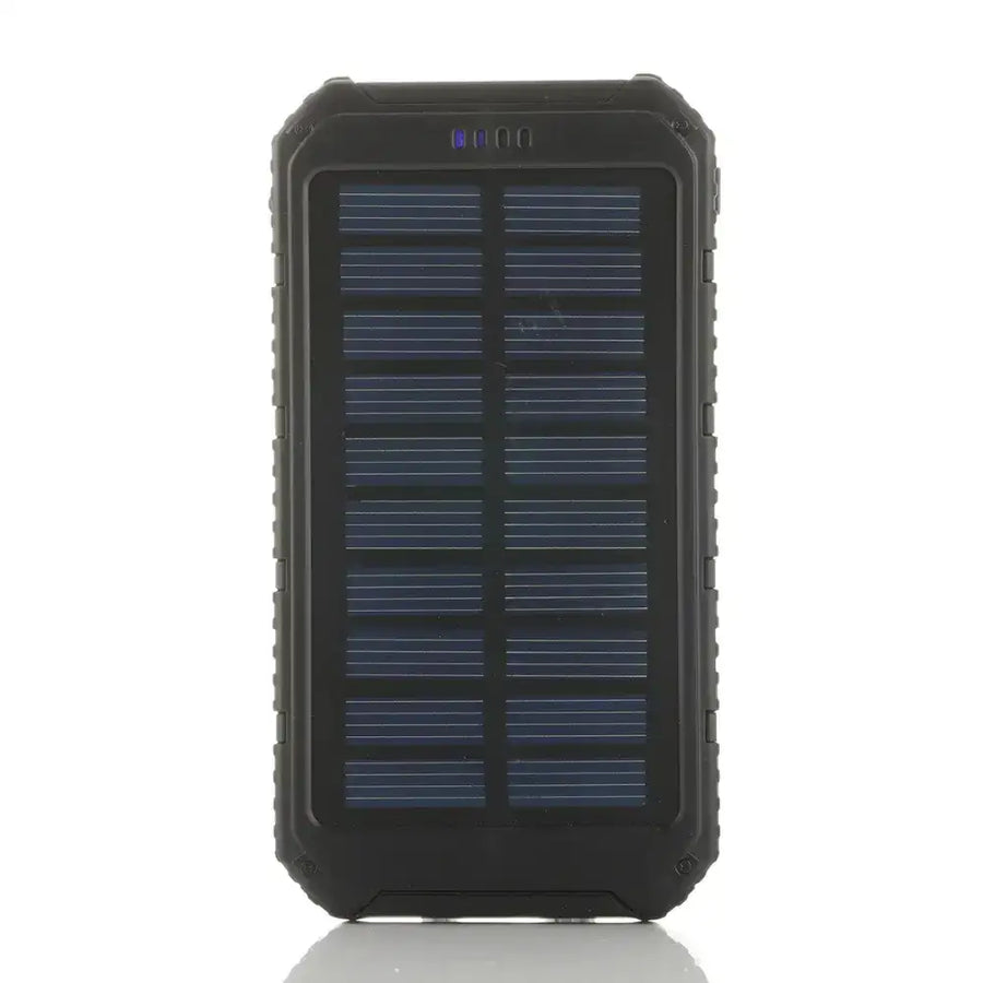 Black rugged solar-powered portable charger with a grid of dark blue photovoltaic cells and reinforced edges.