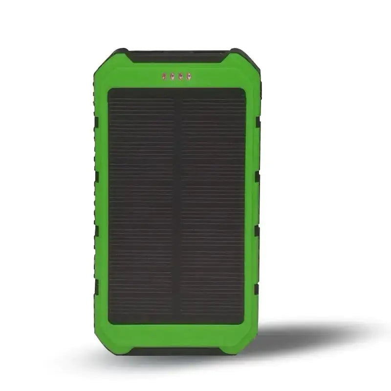 Vibrant green rugged solar-powered portable charger with a black photovoltaic panel and red led indicators.