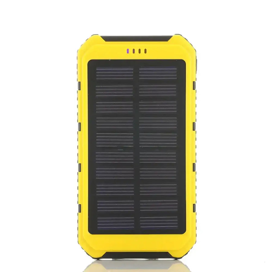 Yellow rugged solar-powered portable charger with black panels and reinforced edges.