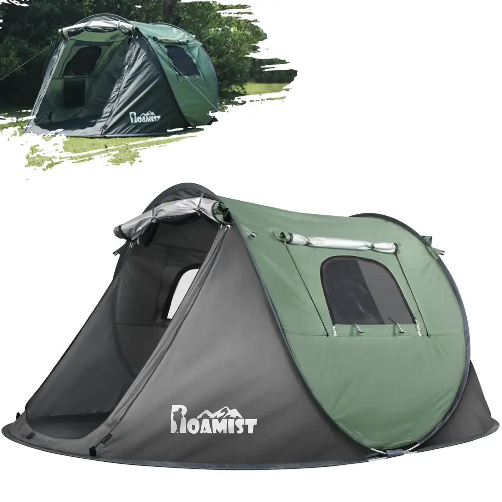 Green and black pop-up tent with a mesh front panel and transparent window.