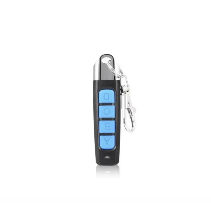 Black remote control with four blue buttons labeled a, b, c, and d.