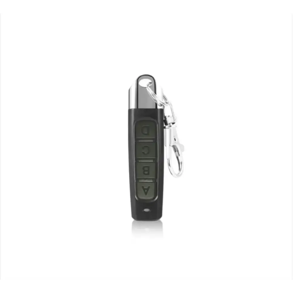Black remote control with silver top and keychain, featuring four labeled buttons (a through d) on its front face.
