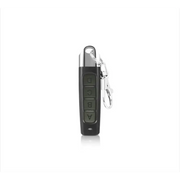 Black remote control with silver top and keychain, featuring four labeled buttons (a through d) on its front face.