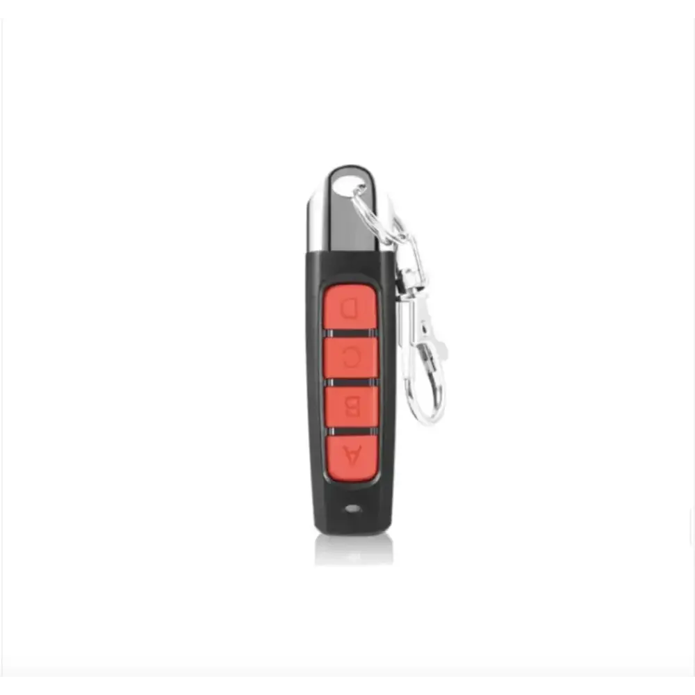 Black and red garage door opener remote with four buttons, silver keychain attachment.