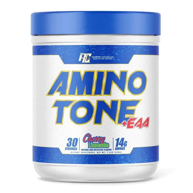 Blue and white cylindrical container of ronnie coleman signature series amino tone +eaa powder in cherry limeade flavor.