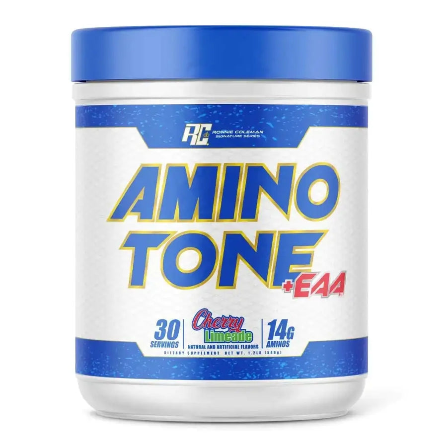 Blue and white cylindrical container of ronnie coleman signature series amino tone +eaa powder in cherry limeade flavor.