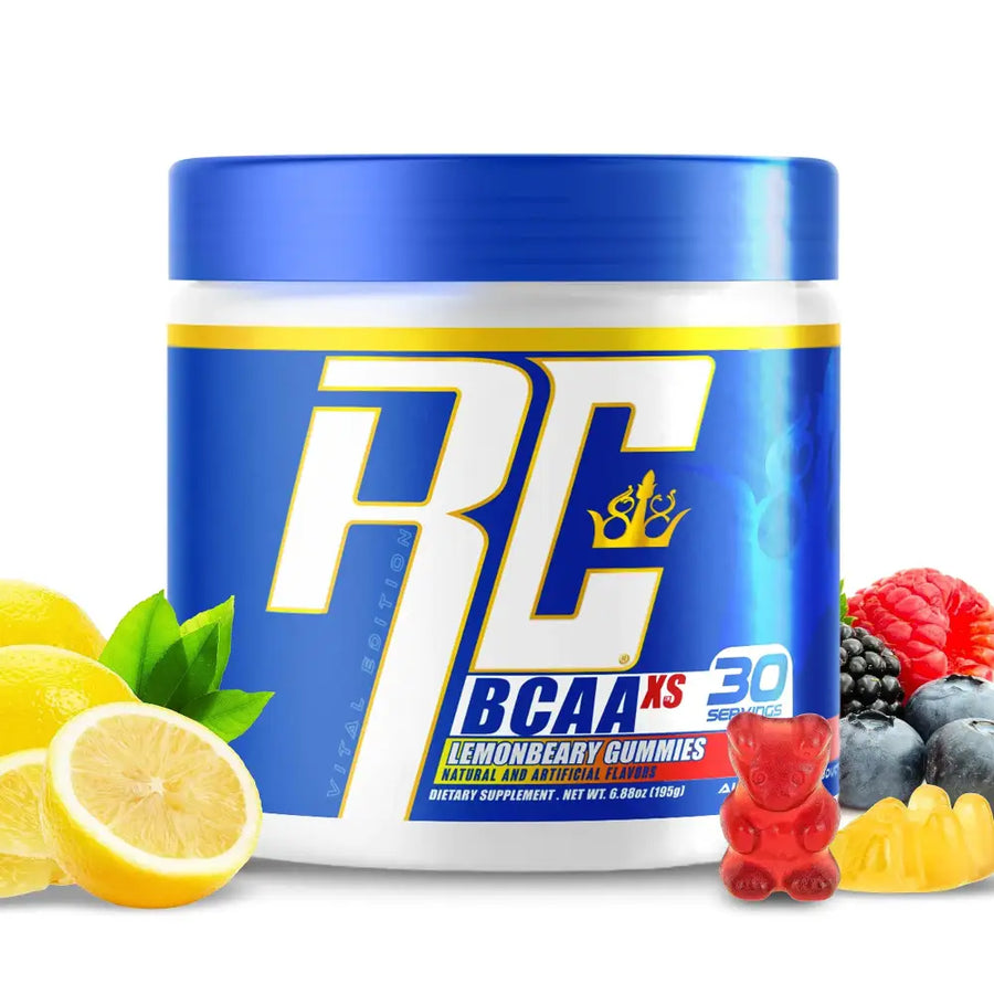 Blue and white rc bcaa xs lemonberry gummies container with a royal blue lid, featuring bold gold-trimmed lettering and a crown logo.