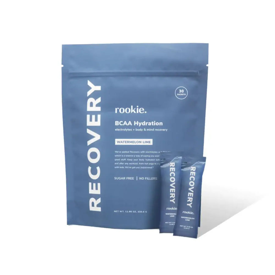Blue pouch of rookie recovery bcaa hydration packets in watermelon lime flavor.