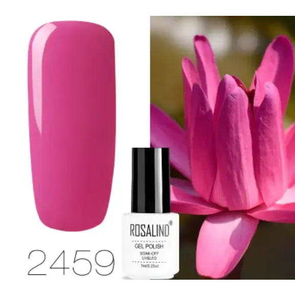 A vibrant fuchsia gel polish in a sleek white bottle with black cap, labeled ’rosalind’ and shade number 2459.