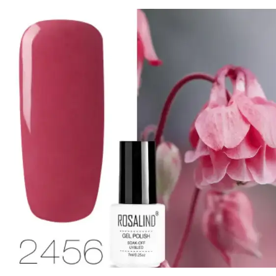 A sleek white bottle with a black cap, labeled ’rosalind gel polish 2456,’ showcasing a glossy deep pink nail polish.