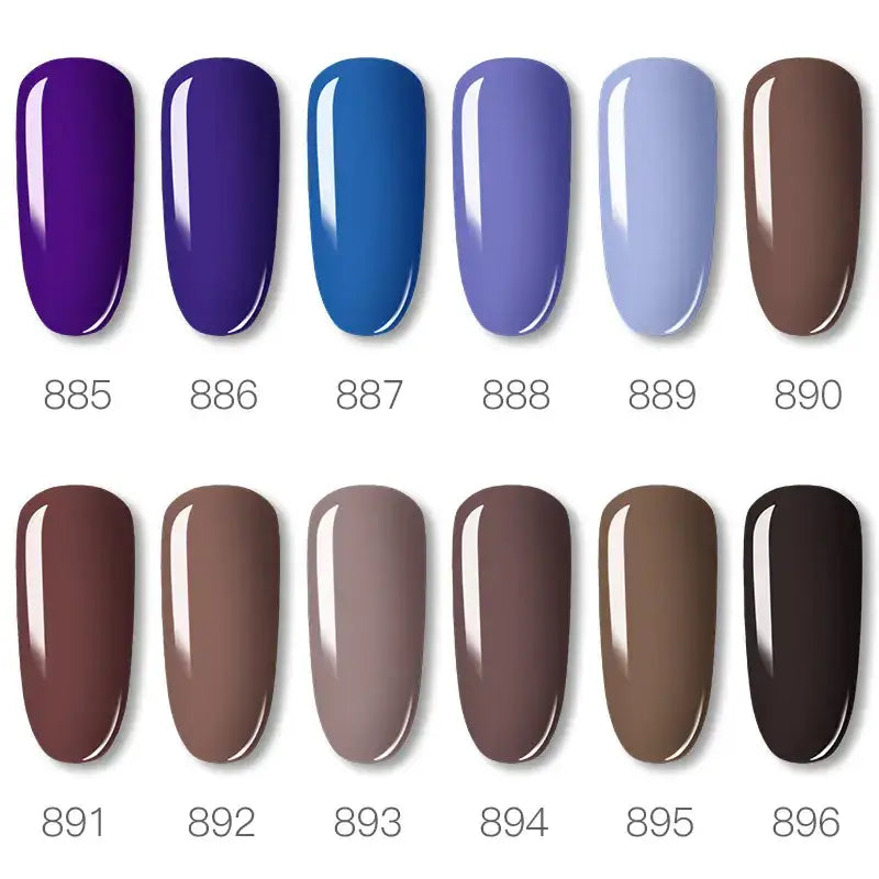 A collection of ten glossy nail polish shades ranging from deep purples and blues to various browns and grays, each labeled with a unique number.