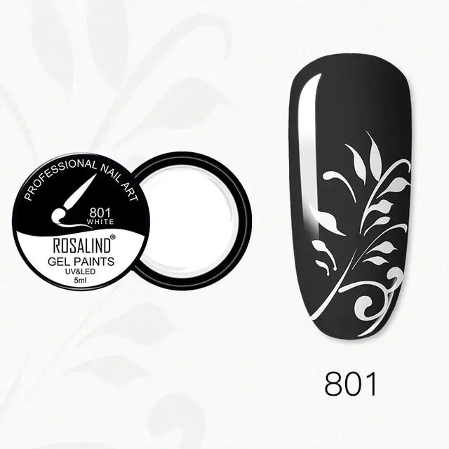 Black and white gel nail paint in a sleek black container, featuring an elegant floral design on a glossy black manicured nail.